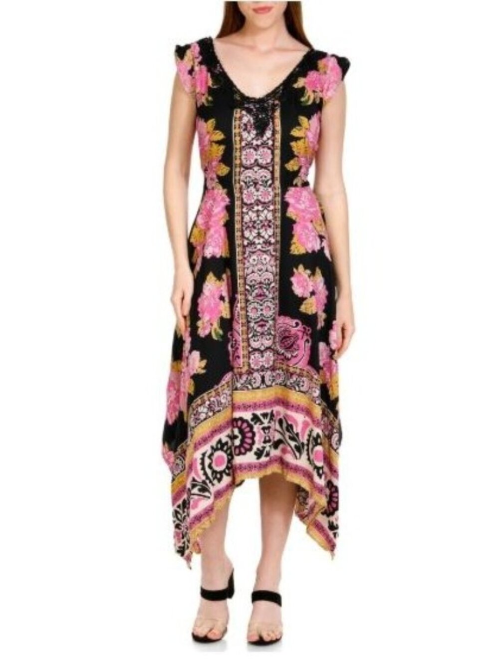 Lola P Women's Sleeveless Crochet Trim Midi Dress MEDIUM